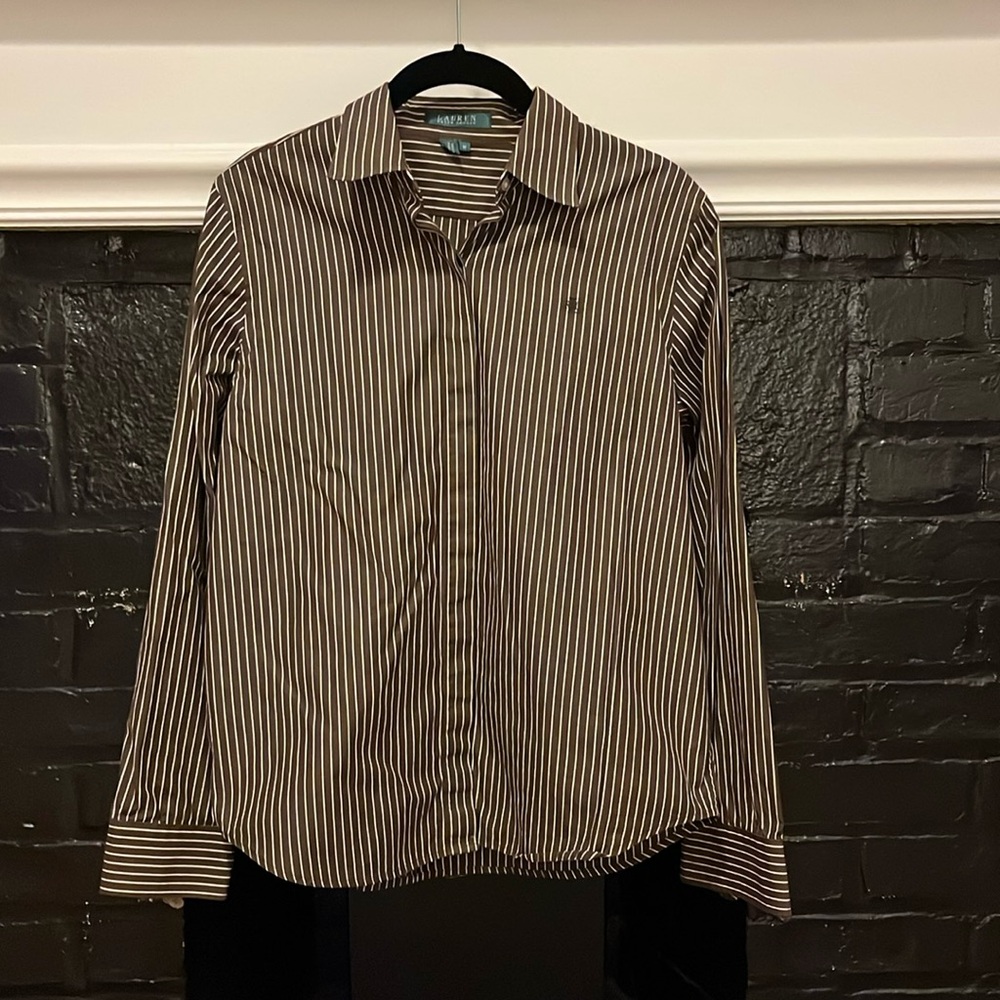 Ralph Lauren Brown and White Striped Button-Down Shirt
